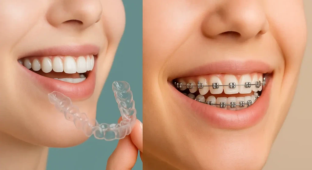 Clear aligner and metal braces shown side by side for comparison